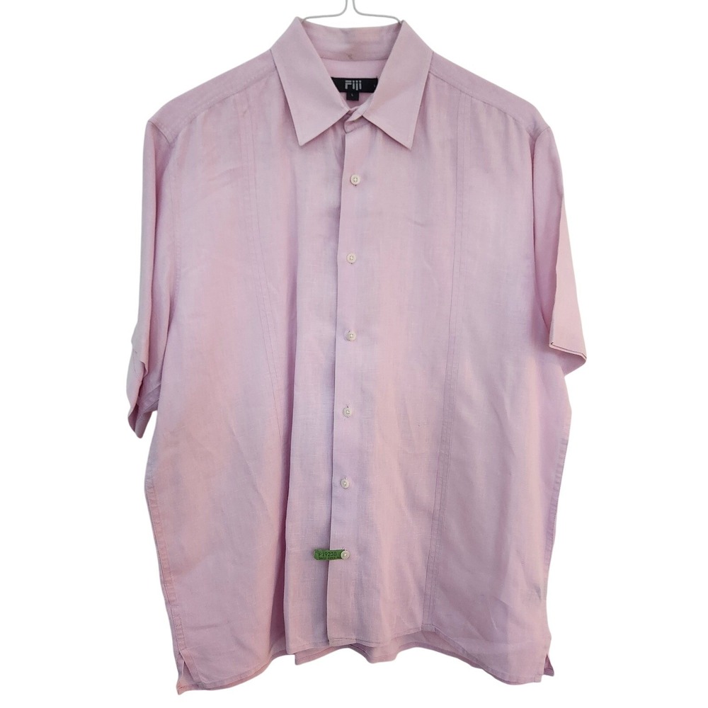 Fiji Mens Pink Short Sleeve‎ Button Up Shirt Linen Blend Size L